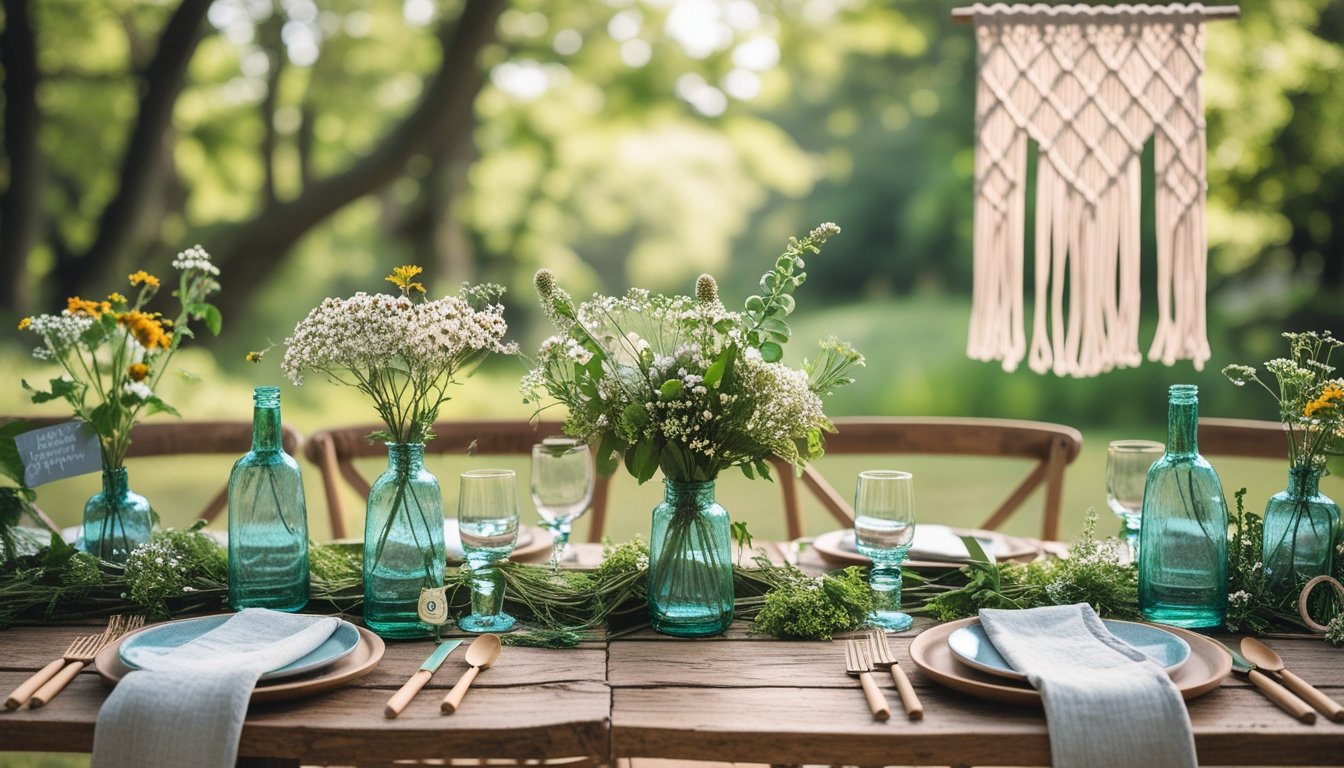 An outdoor wedding table set with natural flowers, wooden cutlery, and potted plants surrounded by green trees.