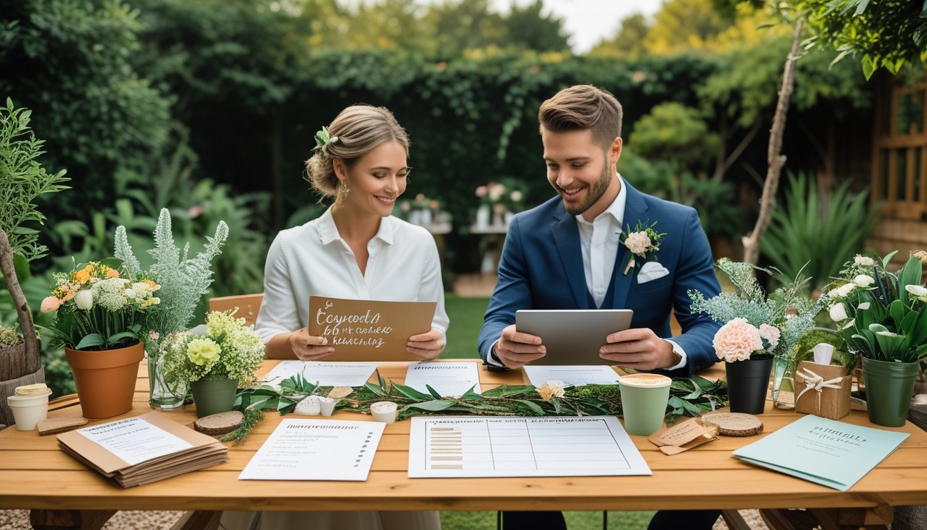 A couple and a wedding planner sitting at a wooden table outdoors in a garden, surrounded by plants and eco-friendly wedding materials.