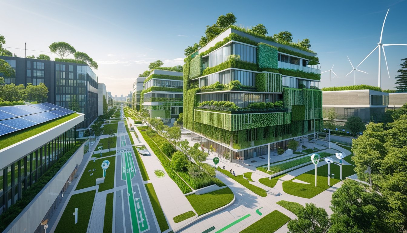 A modern cityscape with buildings covered in green roofs and vertical gardens, solar panels on rooftops, wind turbines in the distance, and streets with bike lanes and greenery.