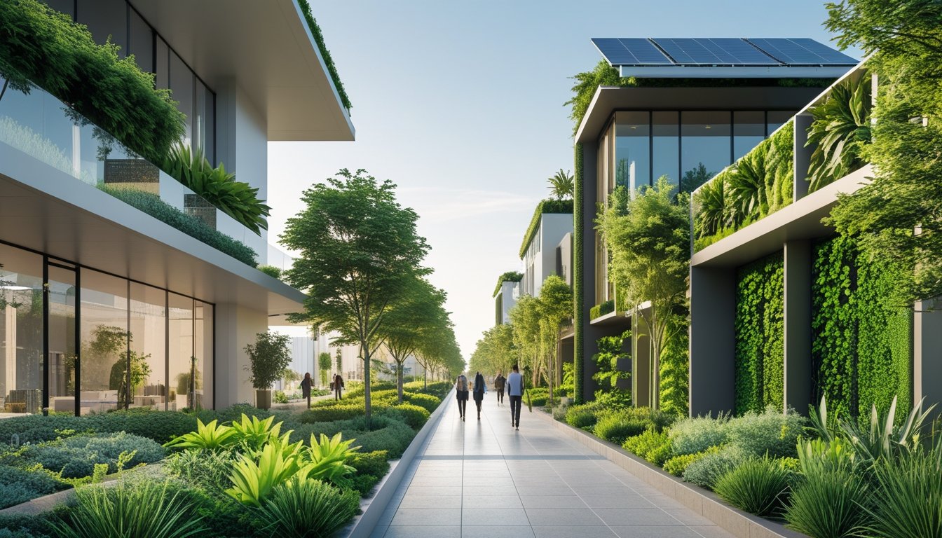A modern city street with buildings covered in plants, rooftop gardens, solar panels, and trees along the sidewalks, with people walking nearby.