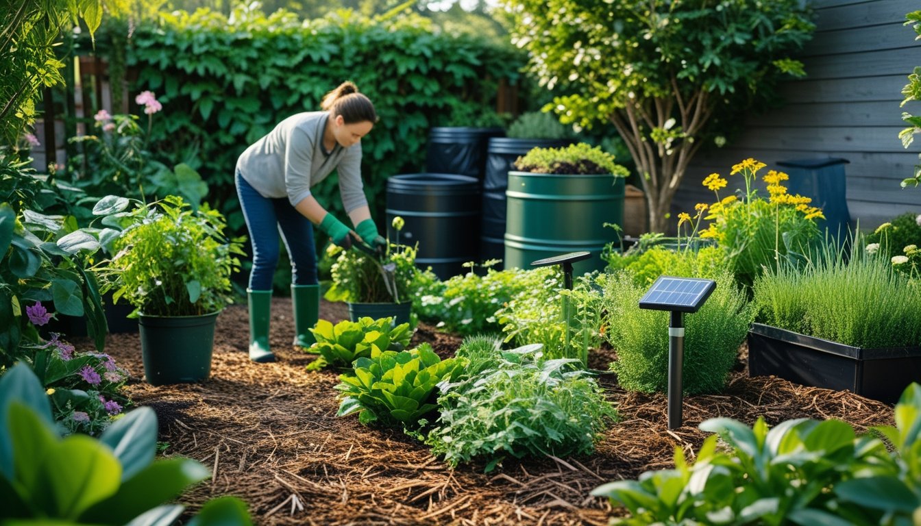 A gardener pruning plants in a lush garden with compost bins and rainwater barrels visible in the background.
