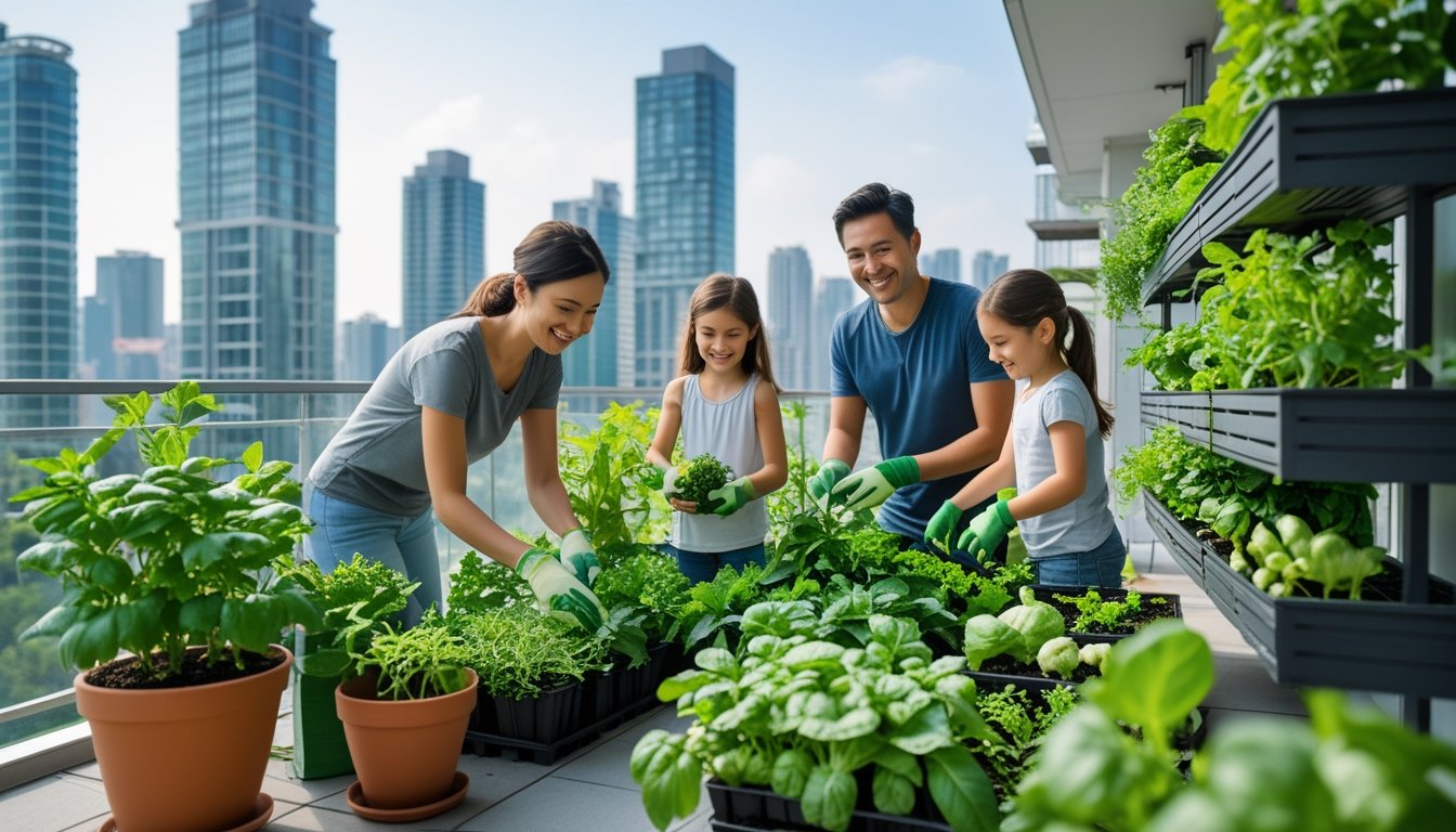 A family gardening together on a balcony with green plants and vegetables, with a city skyline in the background.
