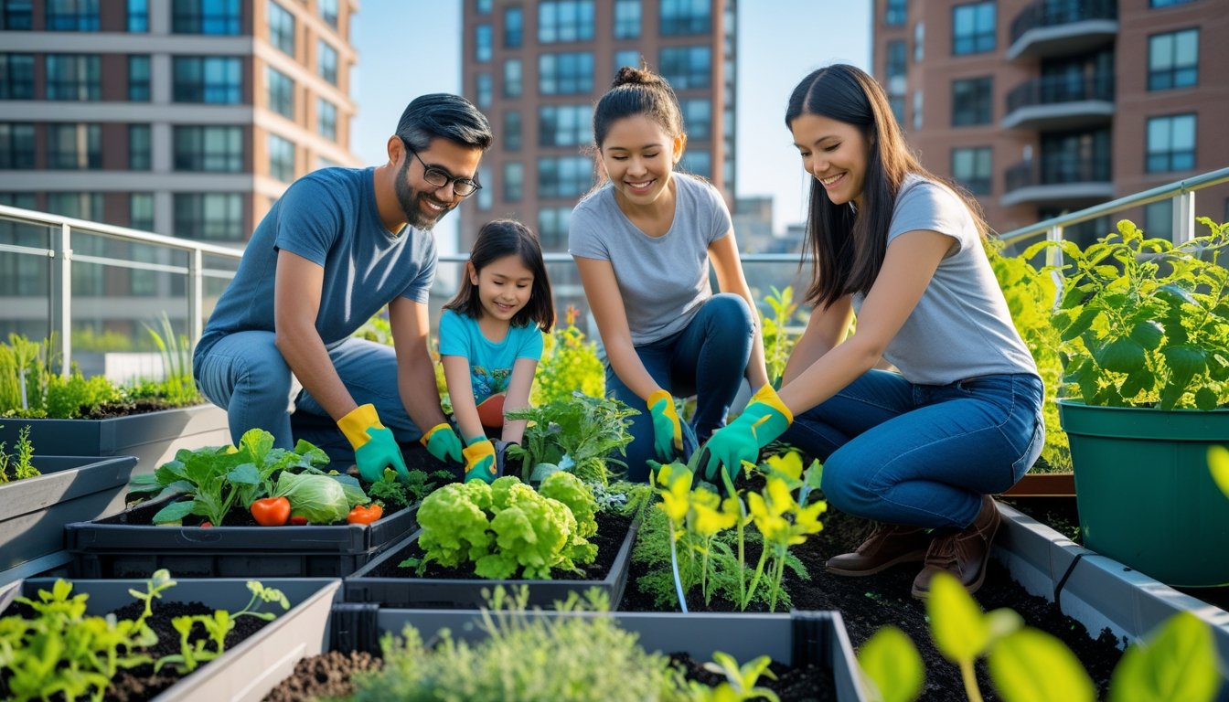 An urban family gardening together on a rooftop with city buildings in the background.