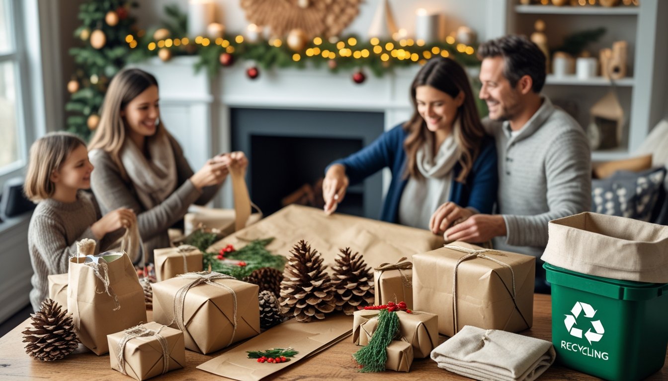 A family wrapping holiday gifts using recycled paper and natural decorations in a warm living room with recycling and compost bins nearby.