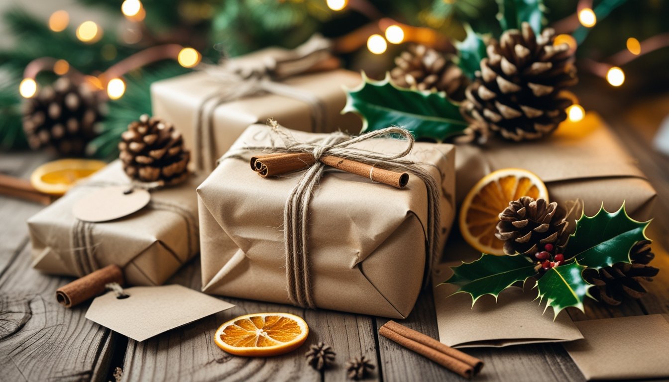 A Christmas scene with eco-friendly wrapped gifts using natural materials and decorations on a wooden table with festive greenery.