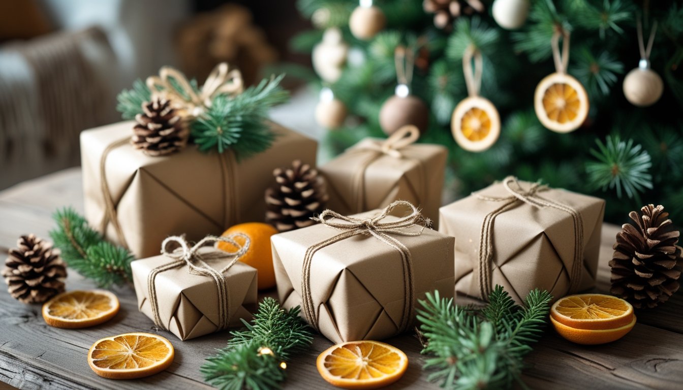 A table with eco-friendly Christmas gifts wrapped in brown paper and fabric, decorated with natural pine cones and greenery.