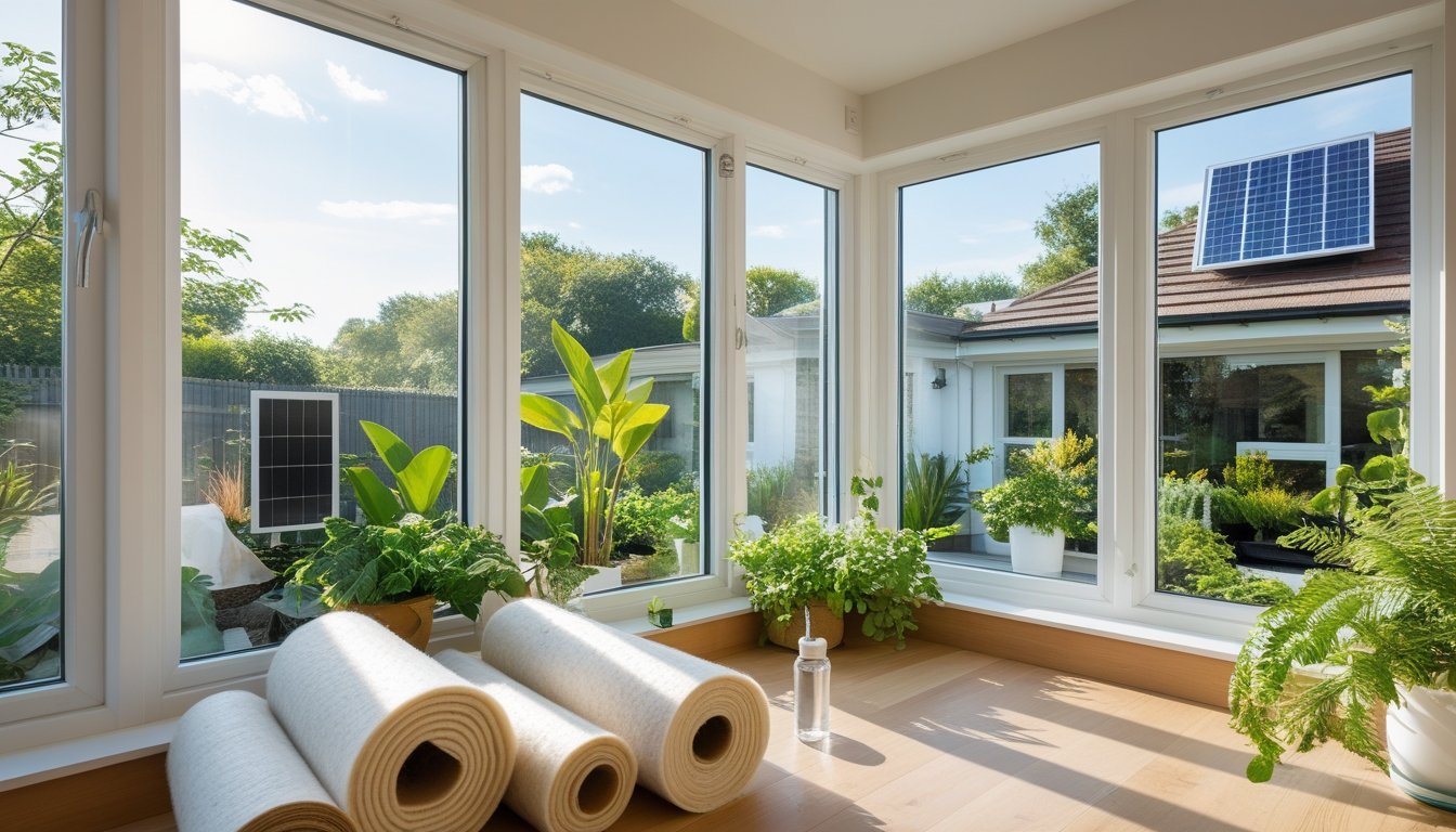 A bright living room with large windows fitted with natural fibre insulation, green plants, and wooden accents, showing a sustainable and energy-efficient home environment.
