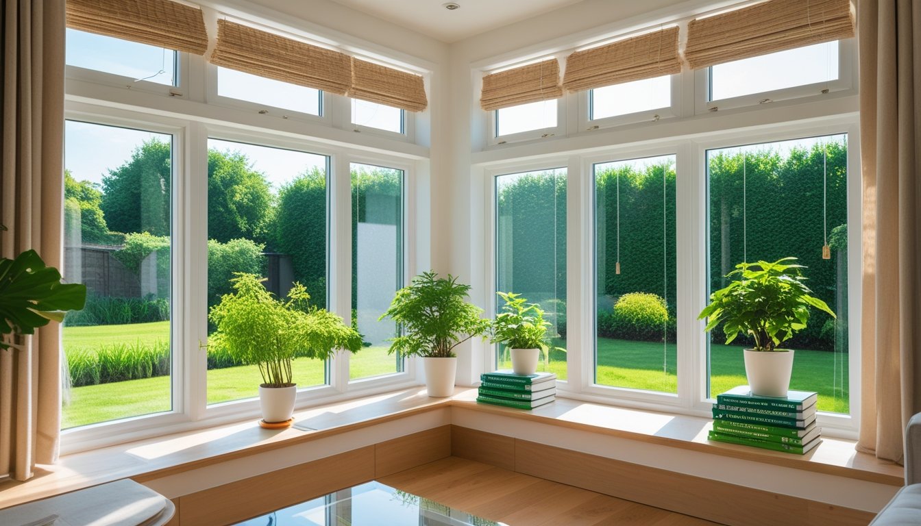 A bright living room with large windows showing green plants outside, featuring eco-friendly window insulation materials and natural wood furniture.