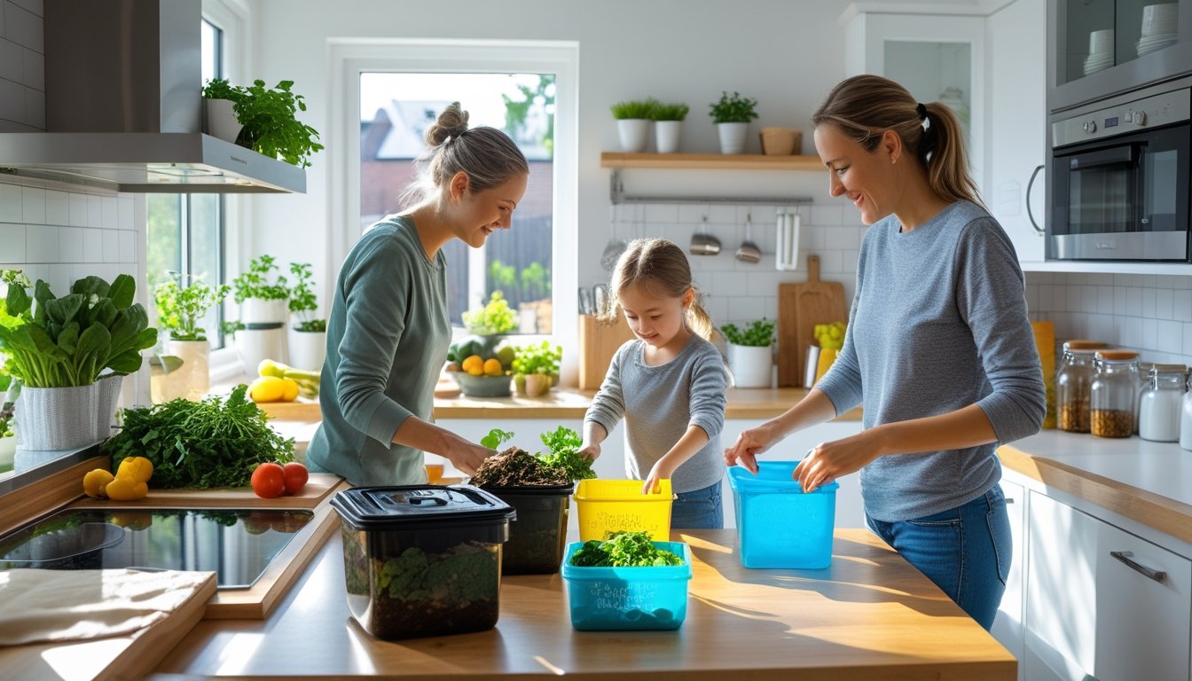 A family in a kitchen sorting recycling, composting food scraps, and using reusable containers for sustainable living.