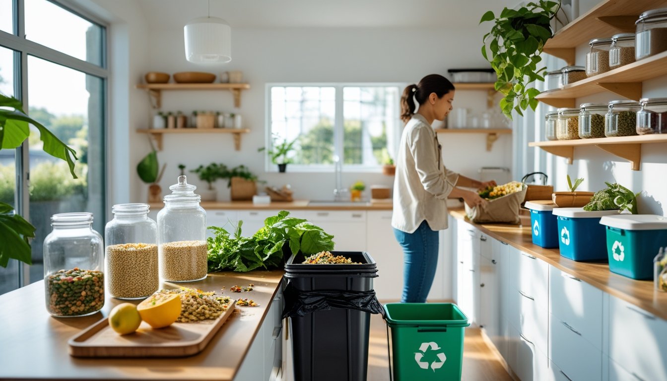 A bright kitchen with people using compost bins, reusable containers, and cloth bags surrounded by indoor plants.
