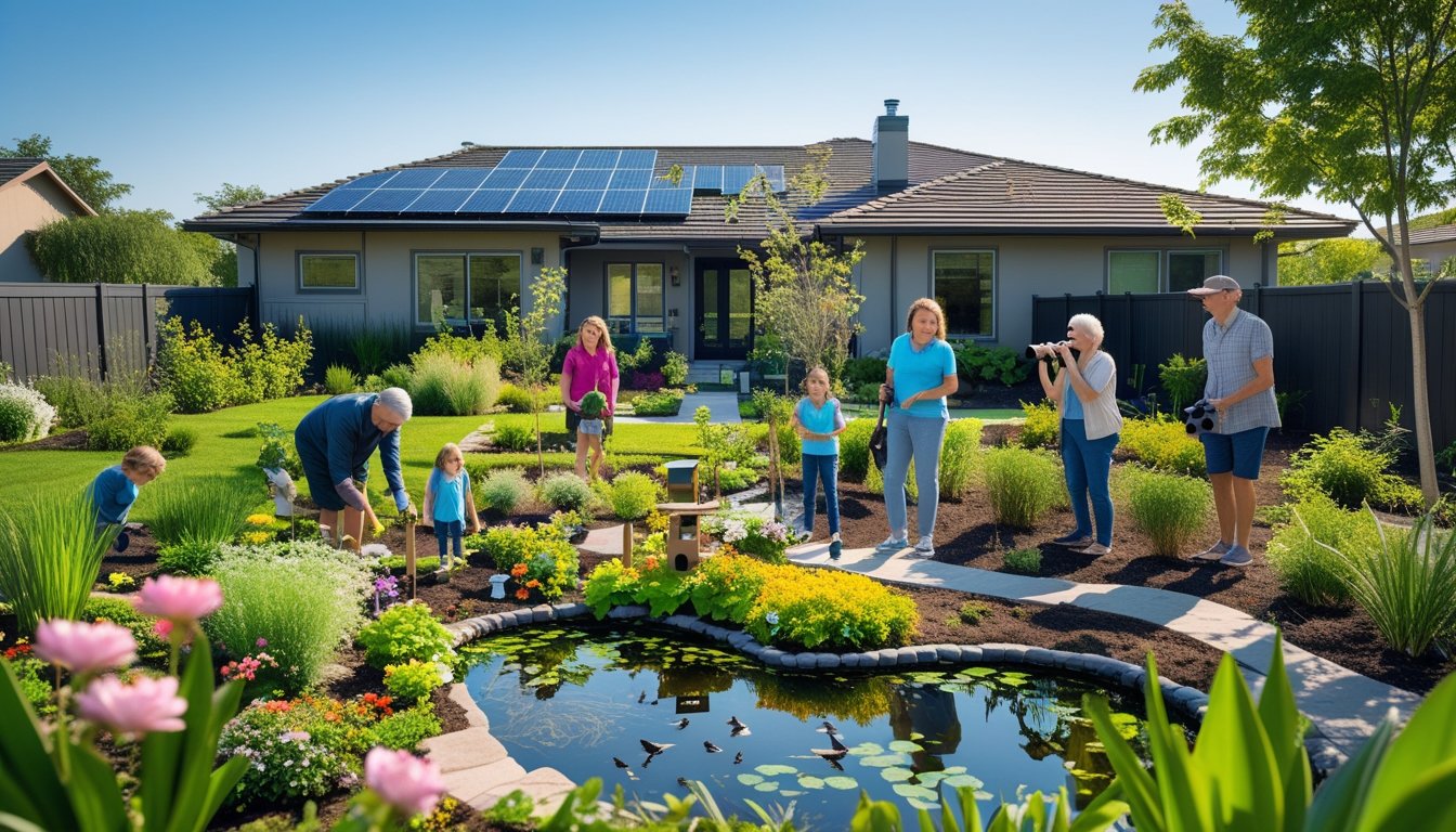 A family and an elderly person working together in a backyard garden with bird feeders, native plants, and a small pond, encouraging local wildlife.
