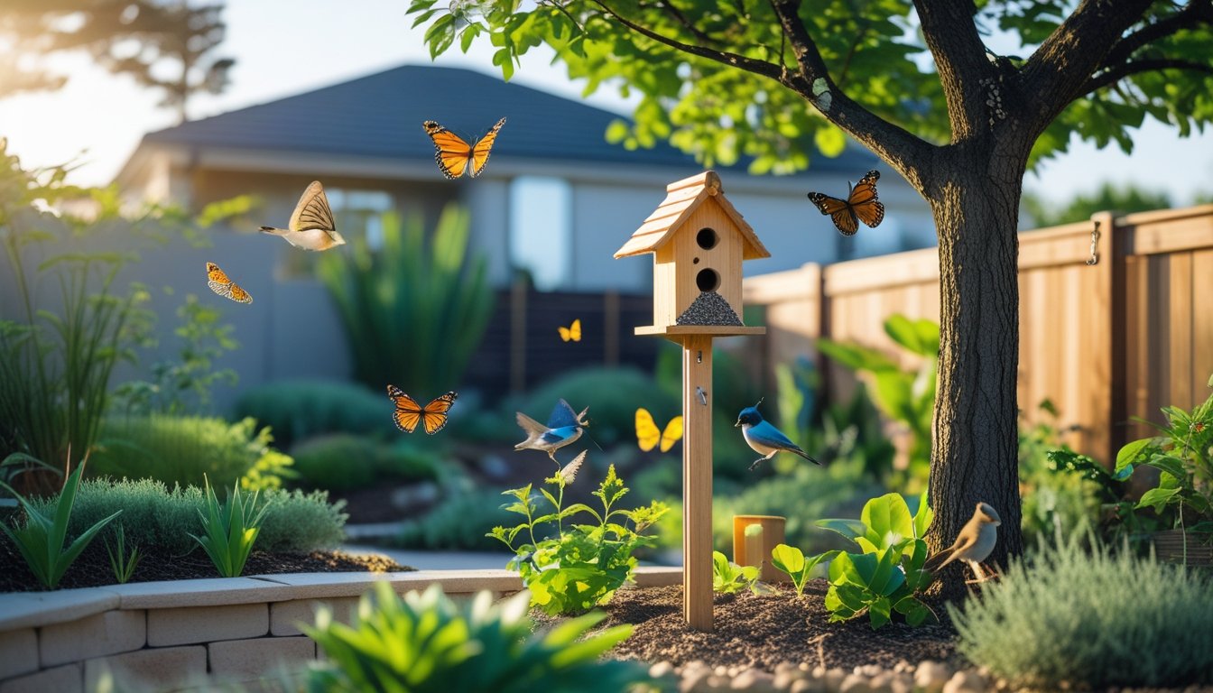 A backyard garden with native plants, a birdhouse, birds, butterflies, and a squirrel near a suburban home.