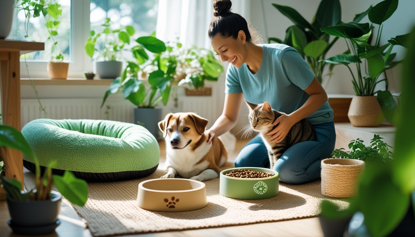 A person caring for a dog and a cat in a bright room with green plants and eco-friendly pet accessories.