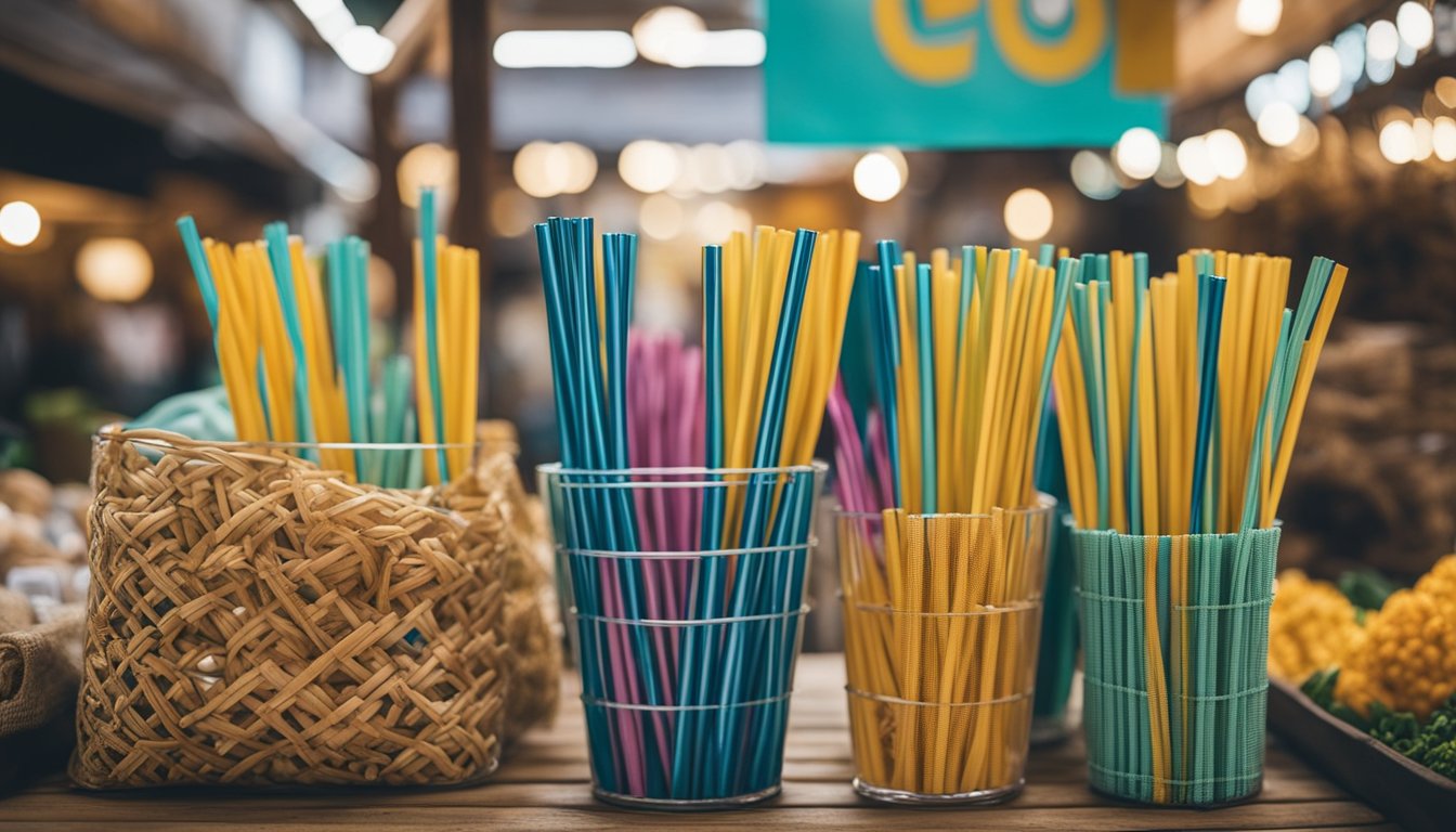 A vibrant market stall displays reusable metal straws, bamboo utensils, and colorful cloth bags, while a sign proudly promotes eco-friendly alternatives to single-use plastics