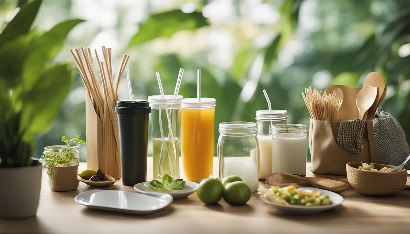 A variety of eco-friendly alternatives to single-use plastics, such as reusable bags, stainless steel straws, and bamboo utensils, are displayed on a table