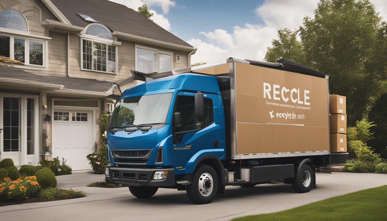 A moving truck parked outside a house, boxes labeled "recycle," "donate," and "compost" being loaded onto the truck. Solar panels on the roof