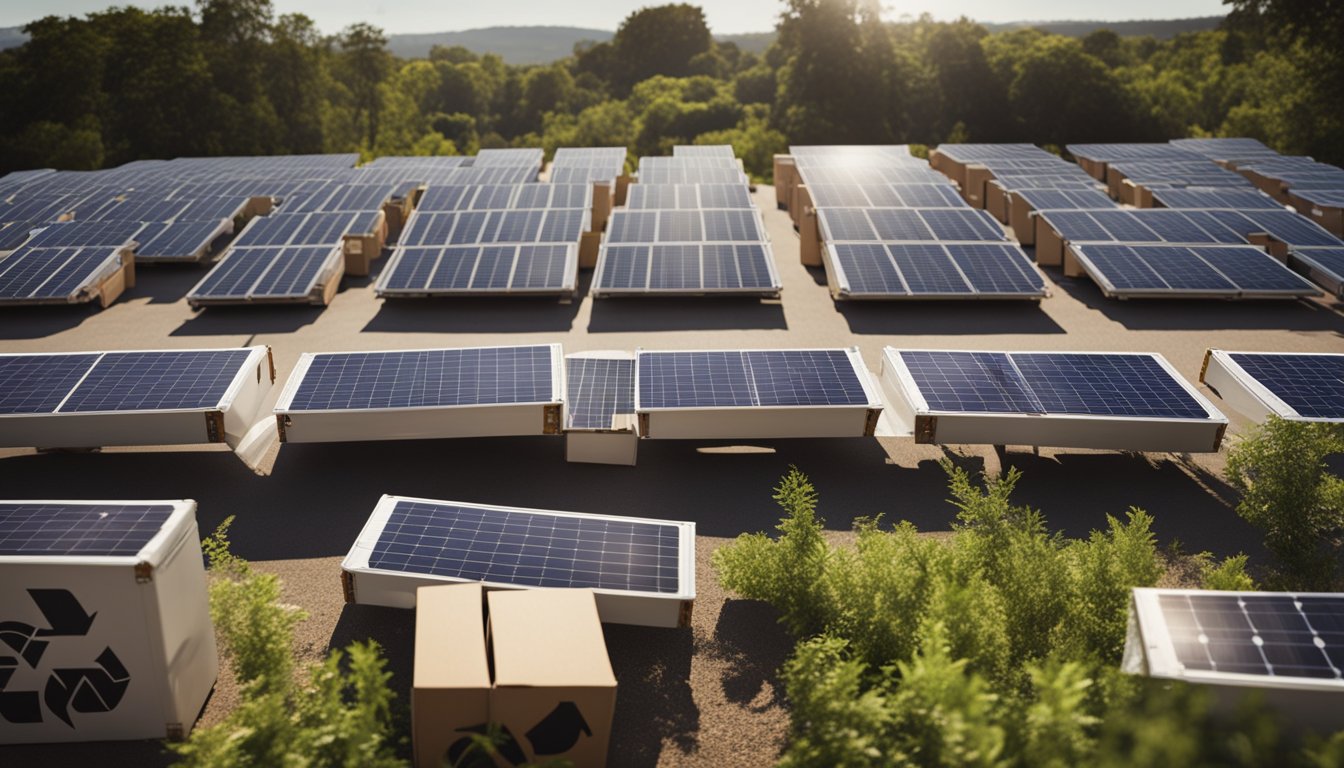 Boxes labeled "recycle," "reuse," and "reduce" are being loaded onto a moving truck. Solar panels on the roof power the vehicle. Plants and trees surround the house