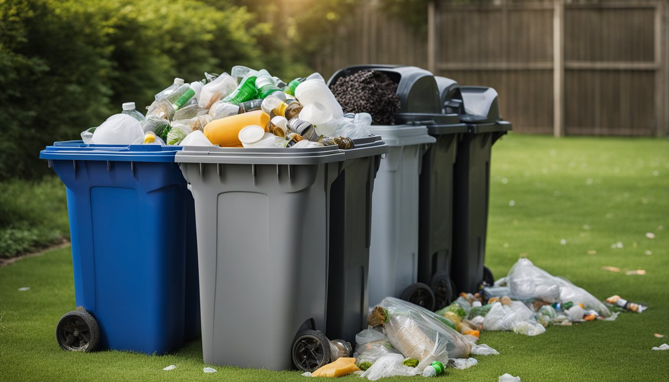 A recycling bin overflowing with plastic bottles, paper, and cans. A compost bin filled with food scraps and yard waste. A family using reusable containers and cloth bags for shopping