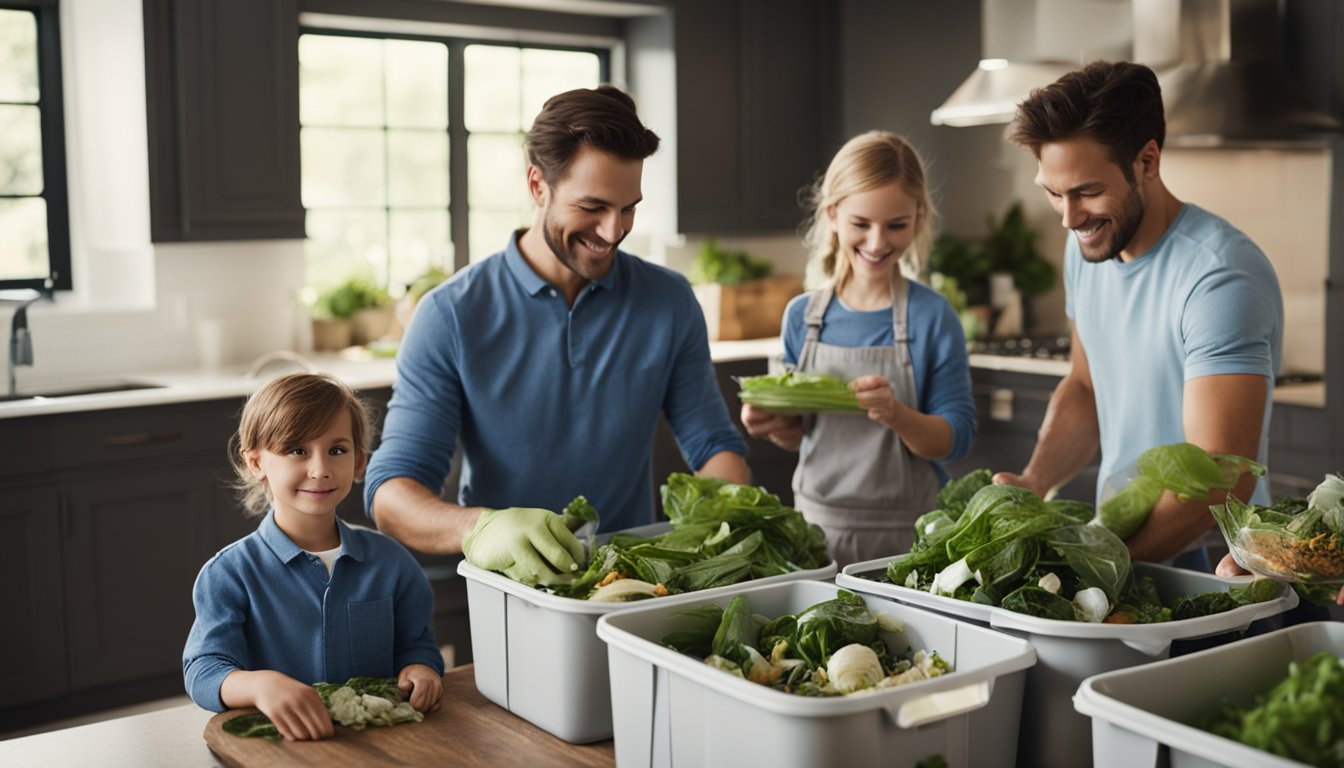 A busy family sorts recyclables into designated bins, composts organic waste, and uses reusable containers in their kitchen