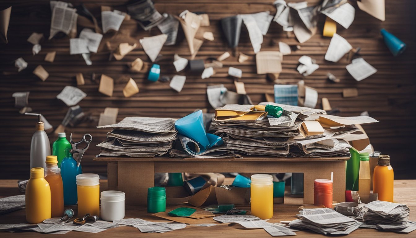 A table covered in colorful recycled materials: cardboard, plastic bottles, and old newspapers. A pair of scissors, glue, and paint sit nearby