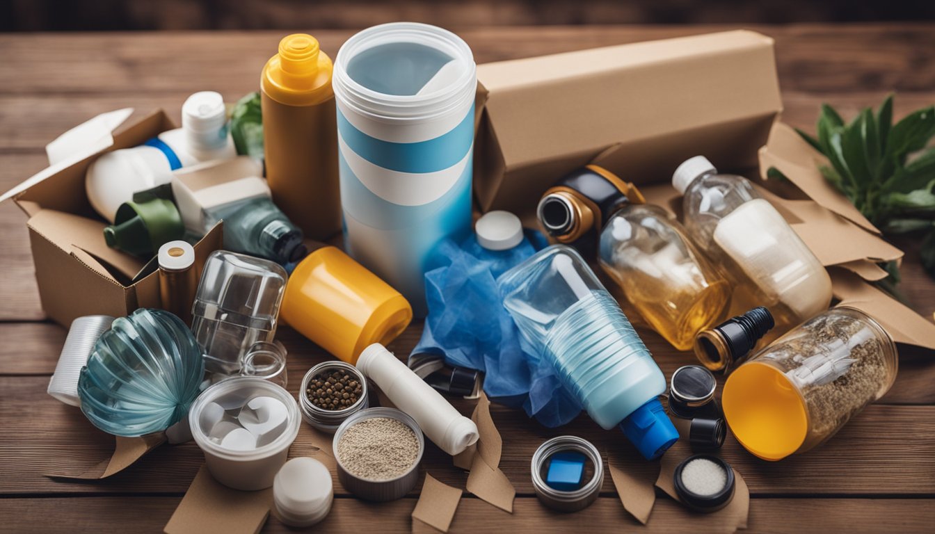 Various recyclable materials arranged on a table. Items include cardboard, plastic bottles, paper, and fabric. Bright colors and natural textures