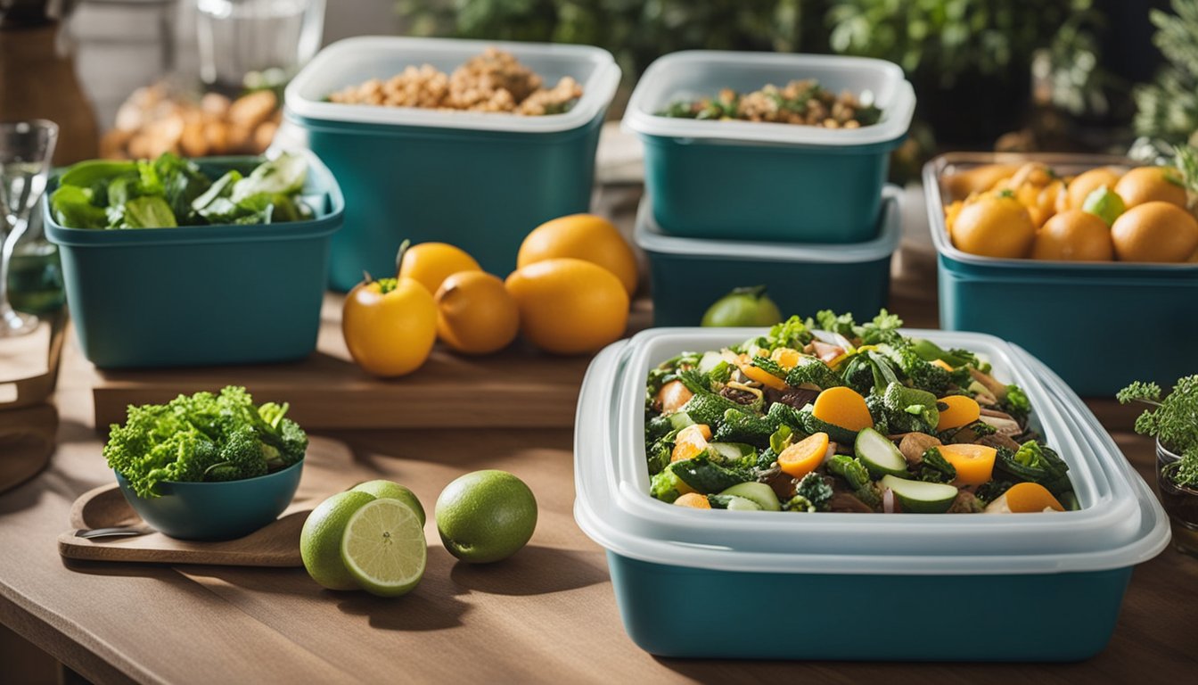 A table with reusable dishes, a compost bin, and a recycling bin. Leftover food being stored in reusable containers. Decorations made from recycled materials