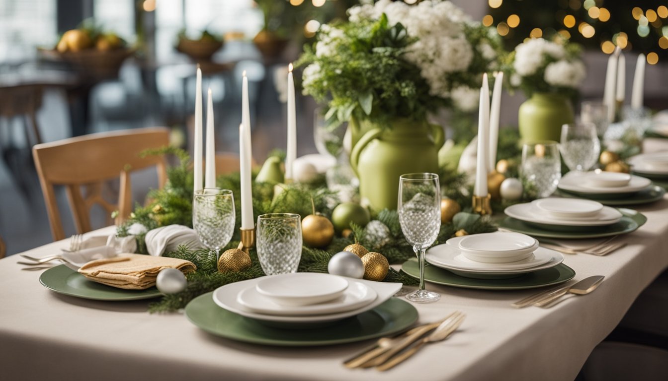 A festive table with reusable dishes, cloth napkins, and compostable decorations. A recycling bin for paper and plastic waste