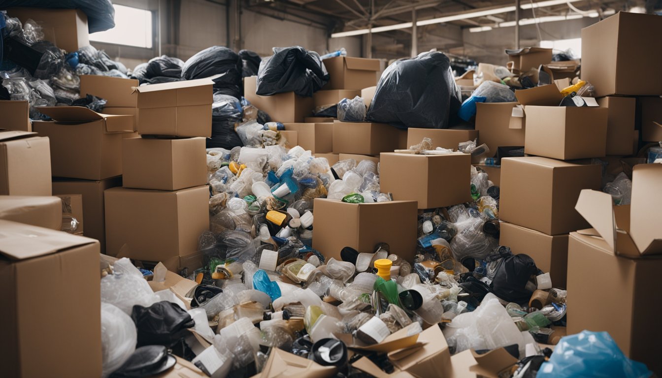 A cluttered room with various items being sorted into separate piles for donation, recycling, and trash. A sense of organization and cleanliness is evident as the clutter is being removed