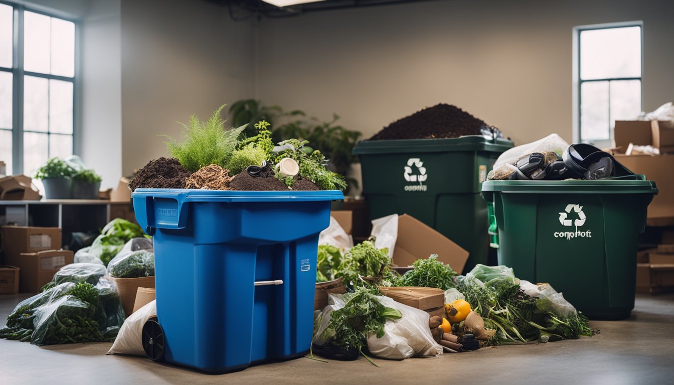 A cluttered room with items being sorted into recycling, donation, and trash bins. A compost bin sits in the corner. Plants and natural light fill the space