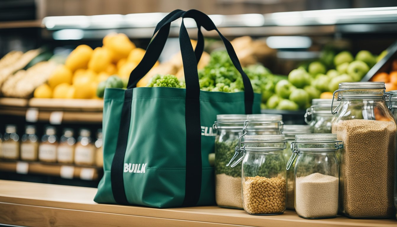 A reusable tote bag filled with fresh produce, bulk grains, and glass jars of bulk liquids at a zero waste grocery store