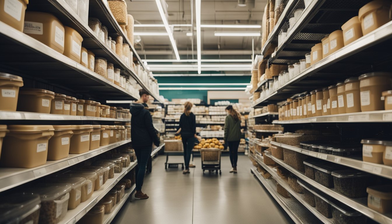 A busy zero waste store with shelves of bulk items, reusable containers, and signage with beginner tips. Customers bring their own containers and weigh their purchases before filling them