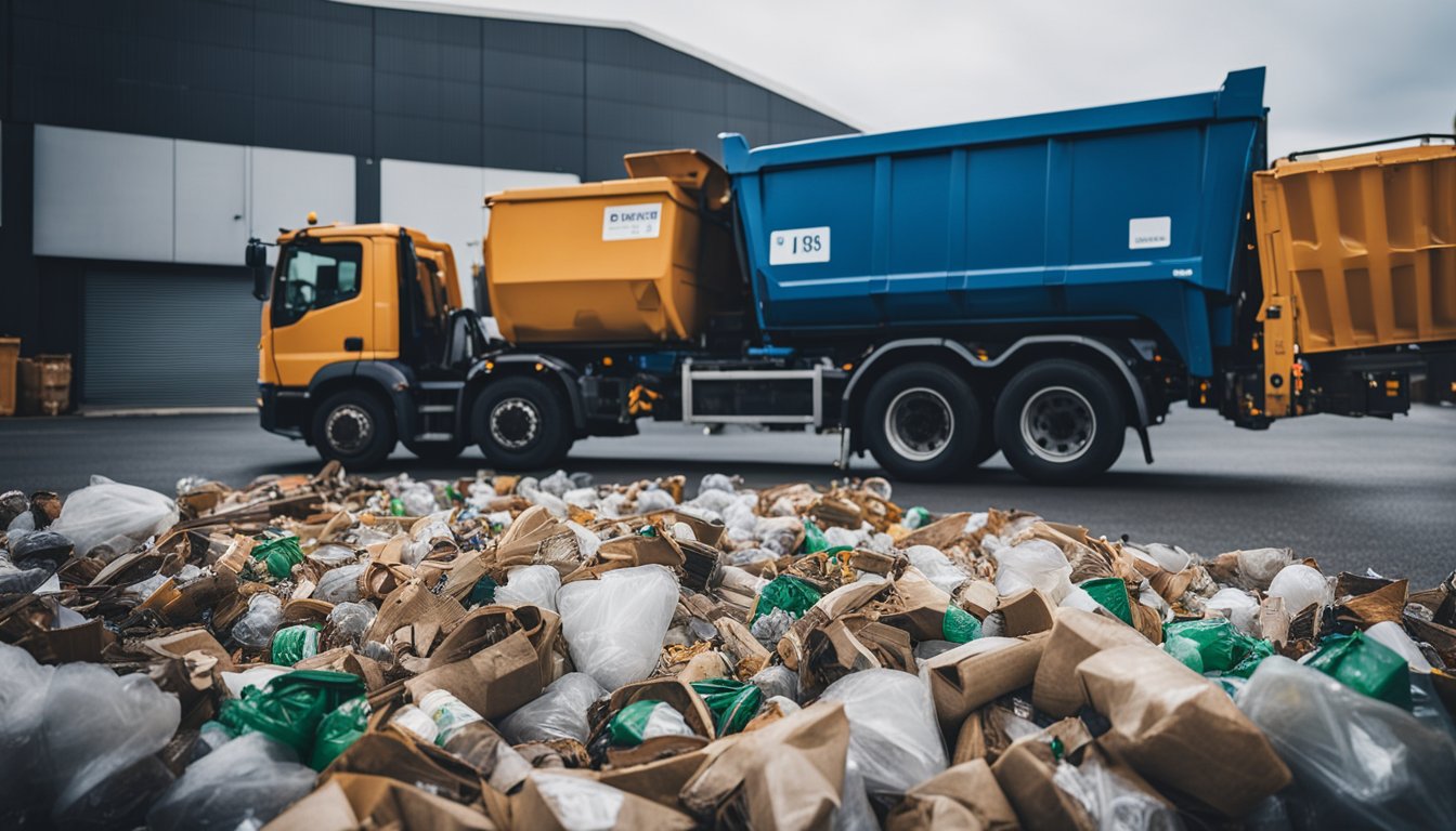 A bustling city street with separate bins for recycling and general waste, a waste management truck collecting bins, and a team sorting and processing waste at a facility