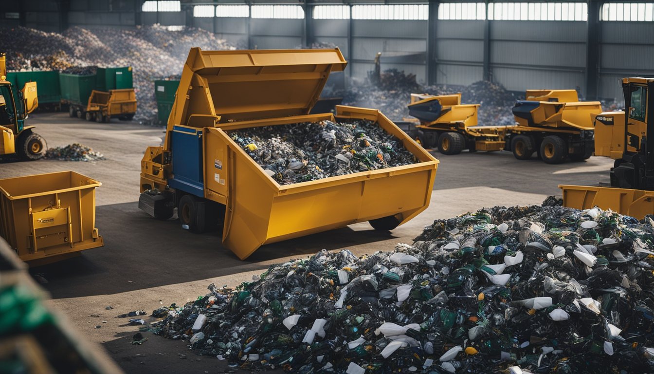 A busy commercial waste management facility with workers sorting and processing various types of waste materials, including plastic, paper, and metal. Large bins and machinery are visible in the background