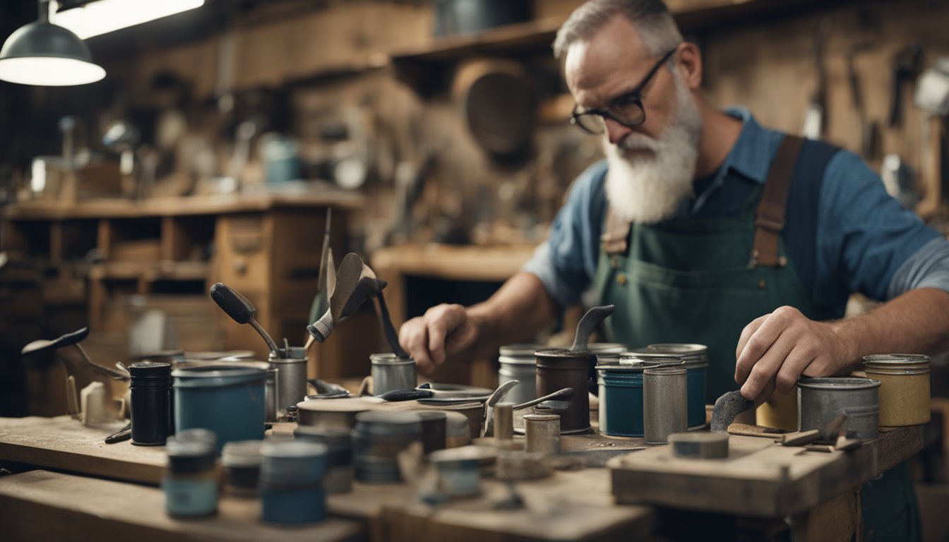 A cluttered workshop with old furniture, paint cans, and tools. A person is sanding down a worn chair, while another is painting a reclaimed dresser