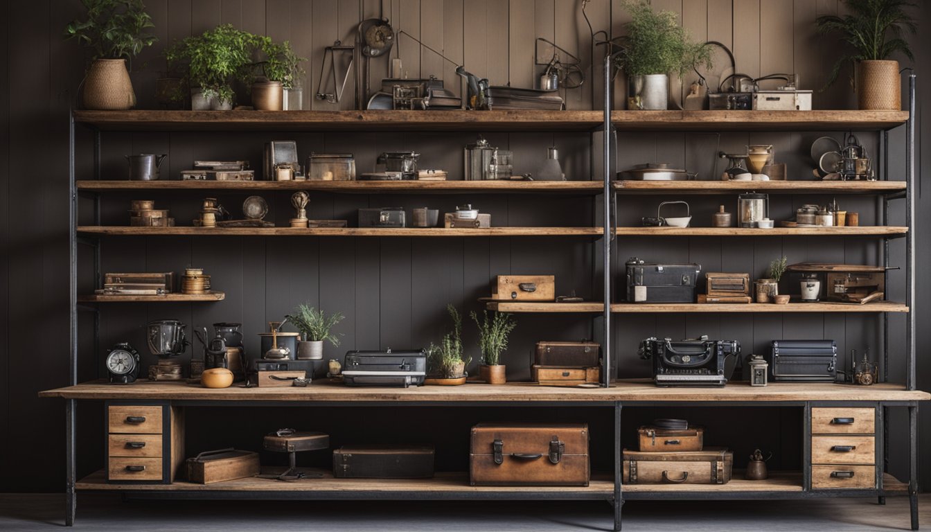 A table made from repurposed wood and old metal fixtures, surrounded by shelves displaying upcycled furniture items