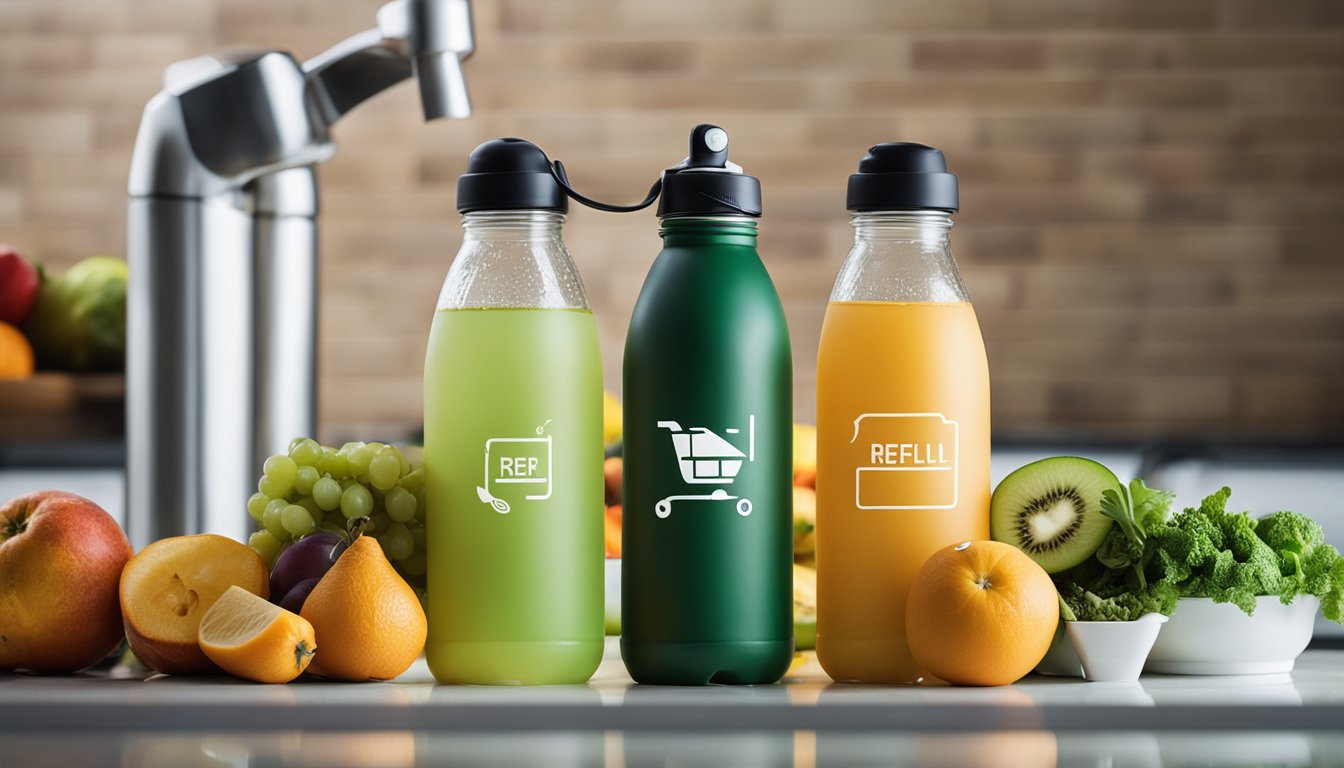 A reusable water bottle next to a faucet with a "Refill Here" sign, surrounded by various fruits and vegetables in reusable bags