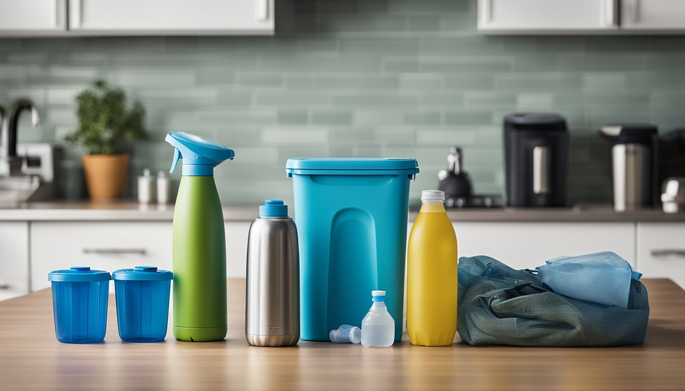 A kitchen counter with reusable water bottles, a water filter pitcher, and a stack of reusable shopping bags. A recycling bin filled with plastic bottles next to a trash can