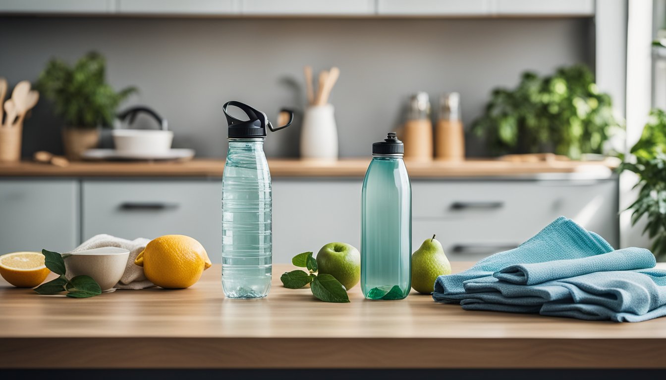 A kitchen counter with reusable water bottles, metal straws, and cloth shopping bags next to plastic alternatives