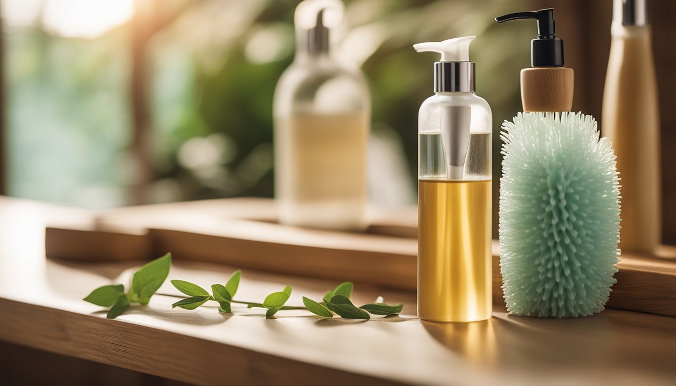 A reusable bamboo toothbrush, glass spray bottle, and natural loofah sit on a wooden shelf next to a bar of unpackaged soap