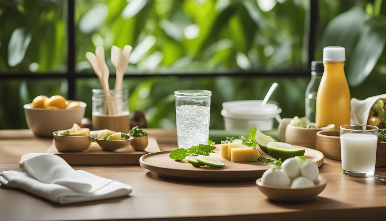 A table with eco-friendly alternatives: bamboo toothbrush, reusable water bottle, metal straws, cloth shopping bags, and glass food containers