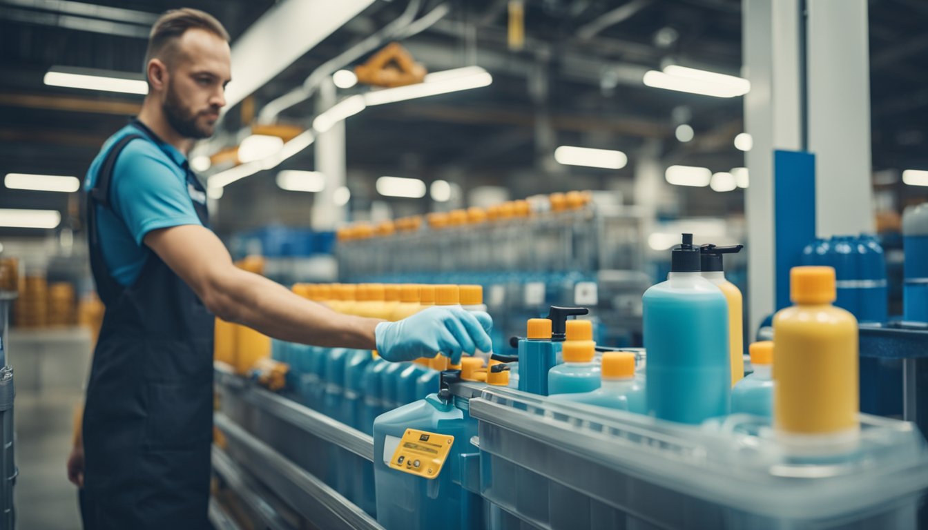 A factory worker refills a container with a pump, while a line of products showcase the benefits of using refillable containers