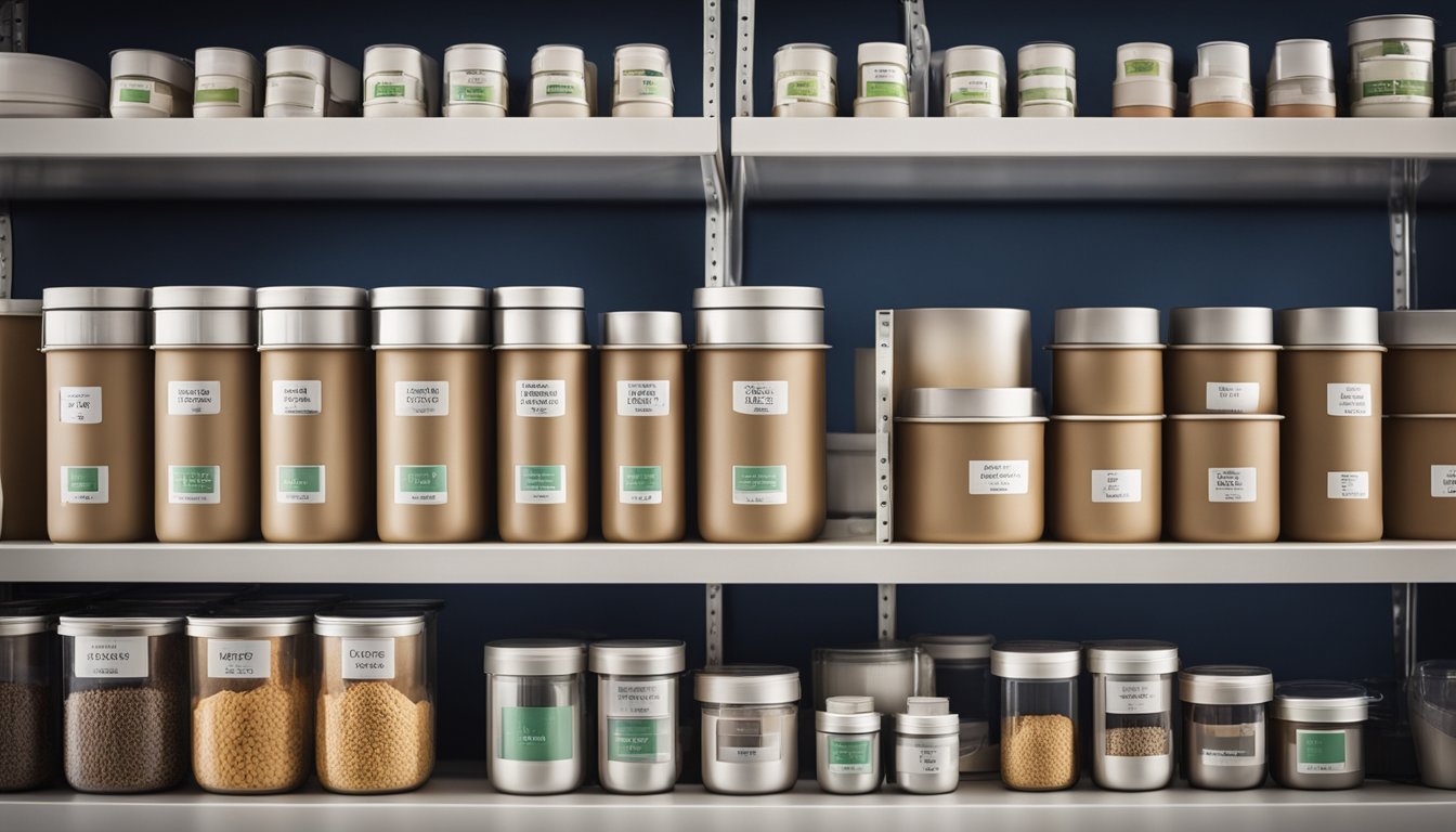 A variety of refillable containers lined up on a shelf, with labels highlighting benefits such as sustainability and cost savings