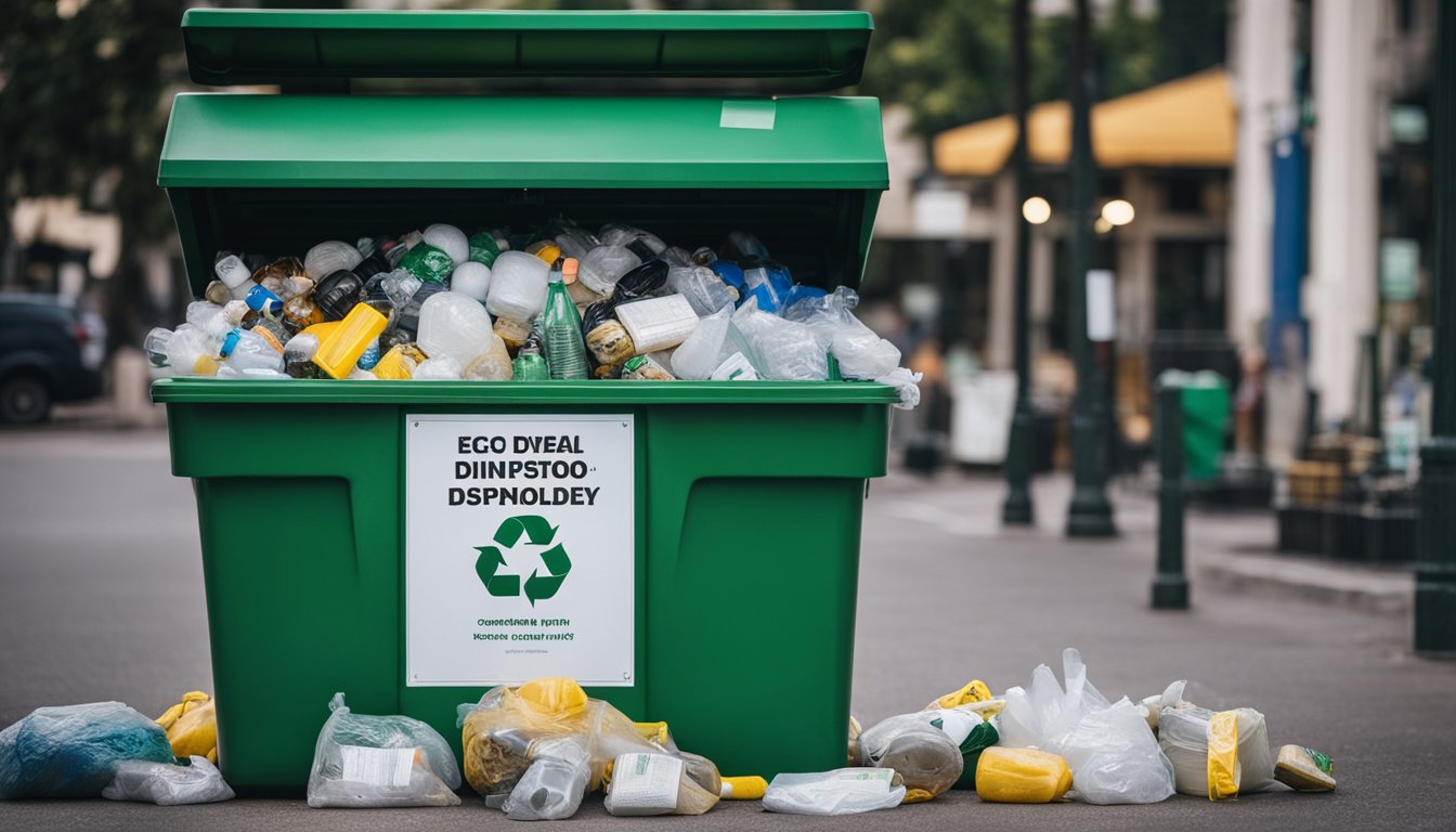 A recycling bin overflowing with hazardous waste next to a display of eco-friendly disposal options