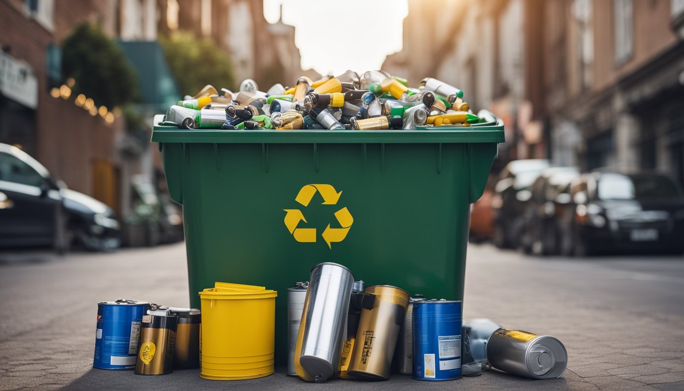 A recycling bin overflowing with batteries, light bulbs, and paint cans. A sign with eco-friendly disposal tips