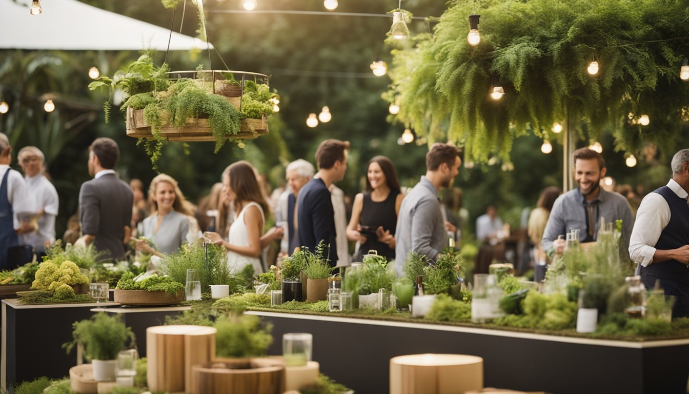 Guests mingle in a lush, green setting with recyclable decor and eco-friendly amenities. Renewable energy powers the event, and composting stations promote sustainability