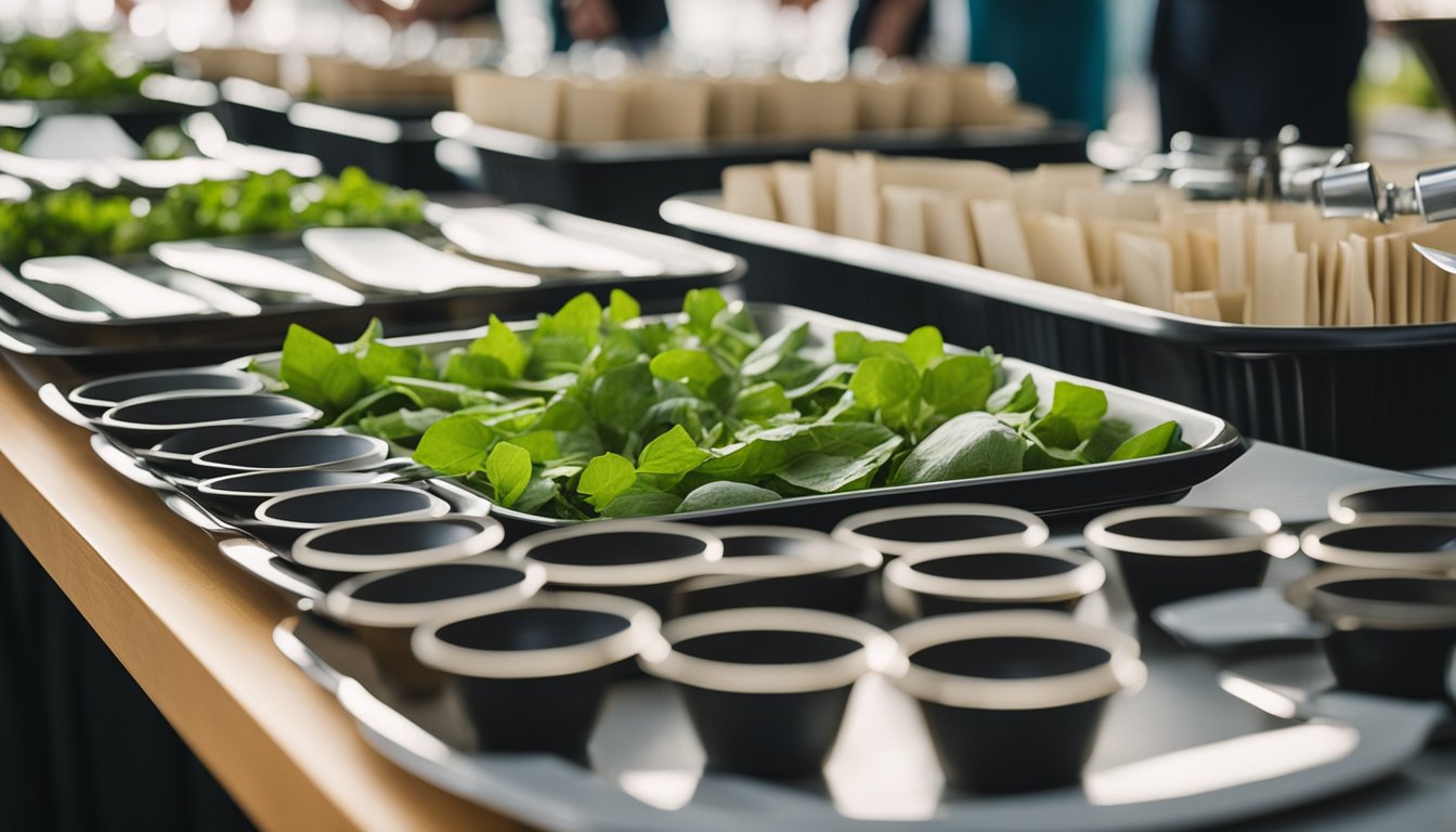 A table with reusable cutlery, biodegradable plates, and compost bins. Recycling stations and eco-friendly decorations throughout the event space