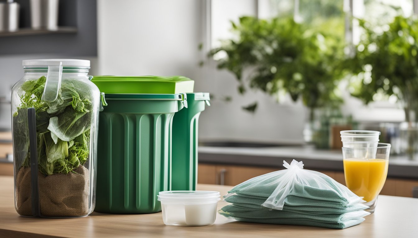 A kitchen counter with reusable bags, metal straws, and glass containers replacing single-use items. A recycling bin and composting bin nearby