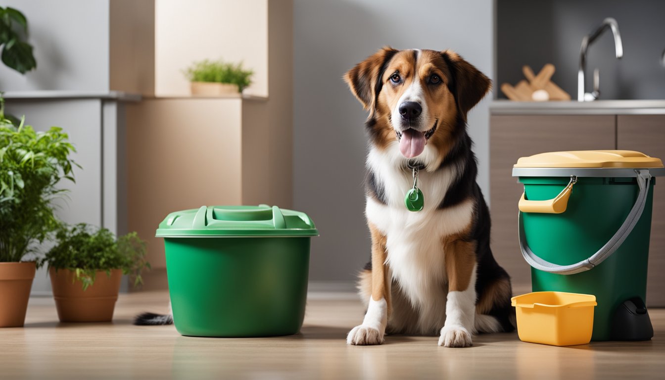 A dog sitting next to a compost bin, with a leash and reusable water bowl nearby. A litter box with eco-friendly litter and a pet grooming kit with natural brushes and shampoos