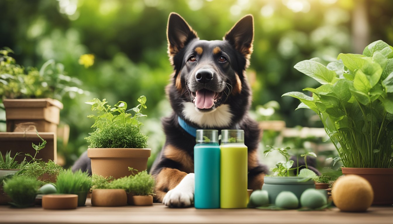 A lush green garden with a variety of eco-friendly pet care products displayed on a wooden table. A happy dog and cat are seen playing in the background