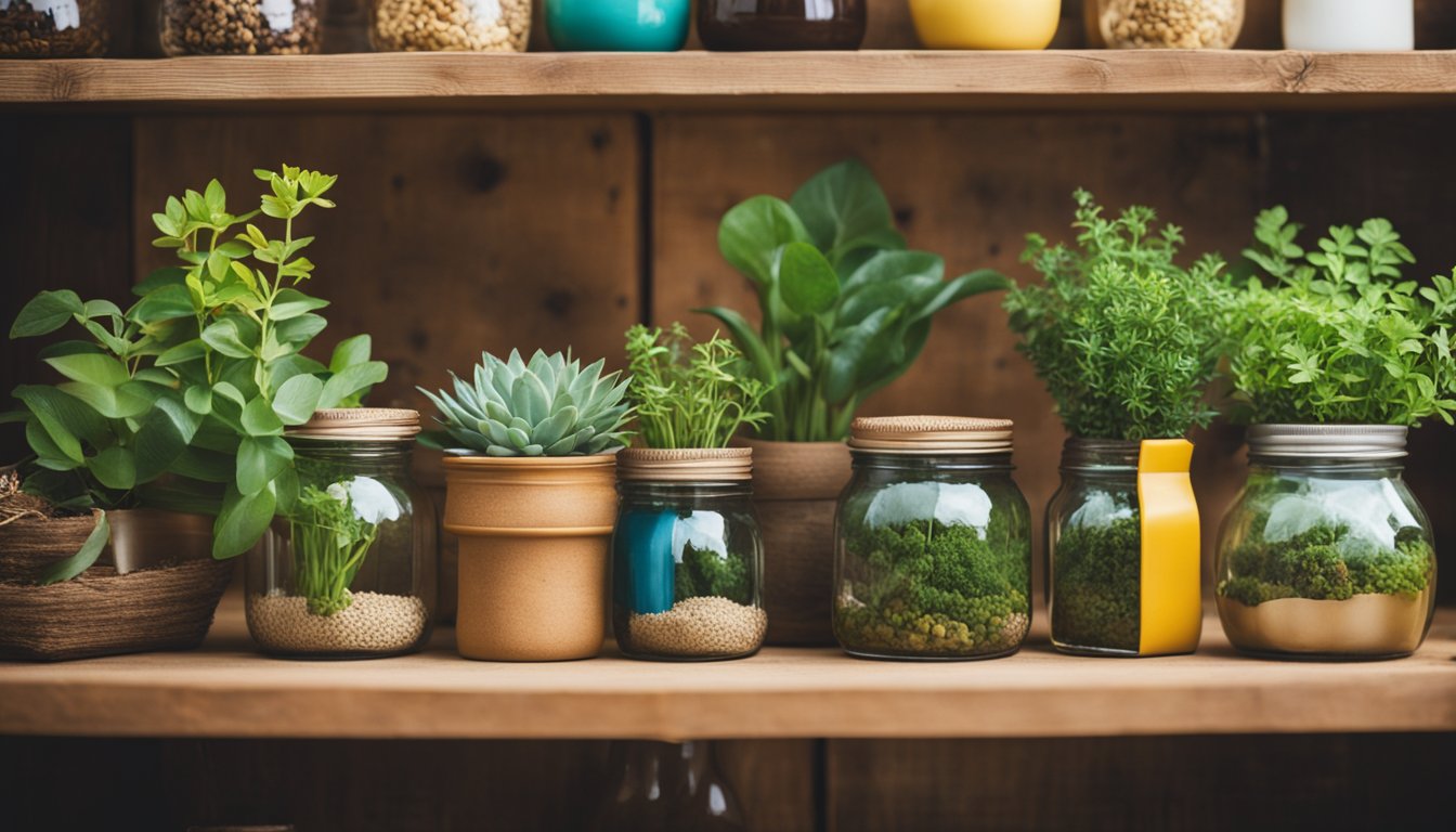 Household items like jars, bottles, and old furniture are transformed into planters, organizers, and decor. Bright colors and natural materials create a cozy, eco-friendly home